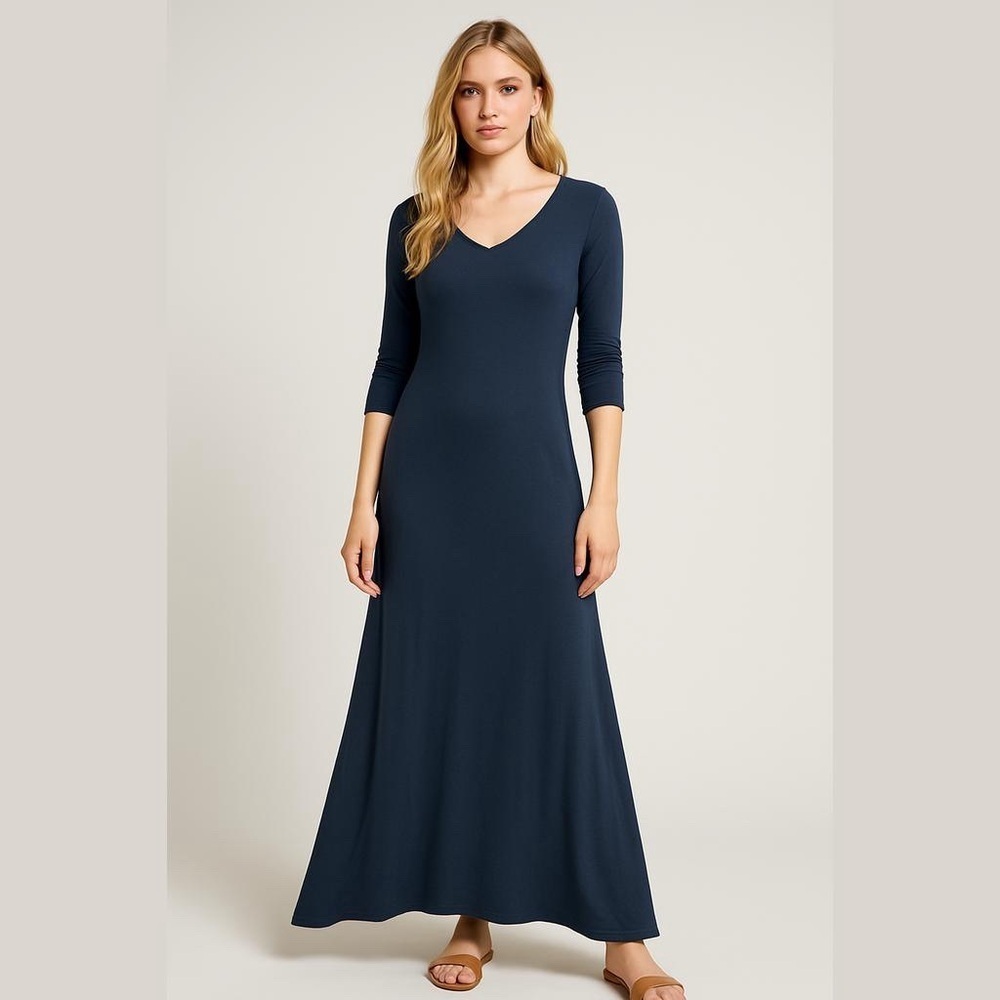 G.I.L.I. Peached Knit Blue Maxi Dress Size XS V-Neck 3/4 Sleeves NWOT